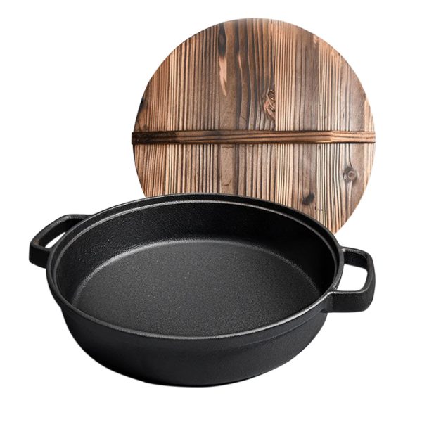 1-SOGA 29cm Round Cast Iron Pre-seasoned Deep Baking Pizza Frying Pan Skillet with Wooden Lid
