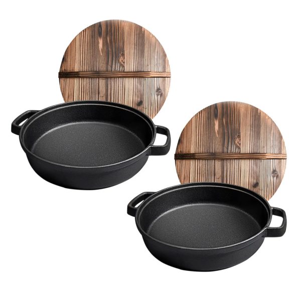 1-SOGA 2X 29cm Round Cast Iron Pre-seasoned Deep Baking Pizza Frying Pan Skillet with Wooden Lid