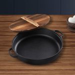 2-SOGA 33cm Round Cast Iron Pre-seasoned Deep Baking Pizza Frying Pan Skillet with Wooden Lid