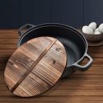 5-SOGA 33cm Round Cast Iron Pre-seasoned Deep Baking Pizza Frying Pan Skillet with Wooden Lid