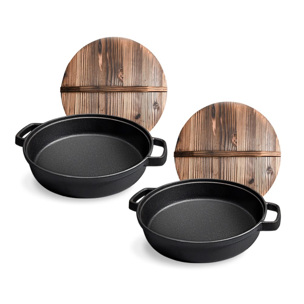 1-SOGA 2X 35cm Round Cast Iron Pre-seasoned Deep Baking Pizza Frying Pan Skillet with Wooden Lid