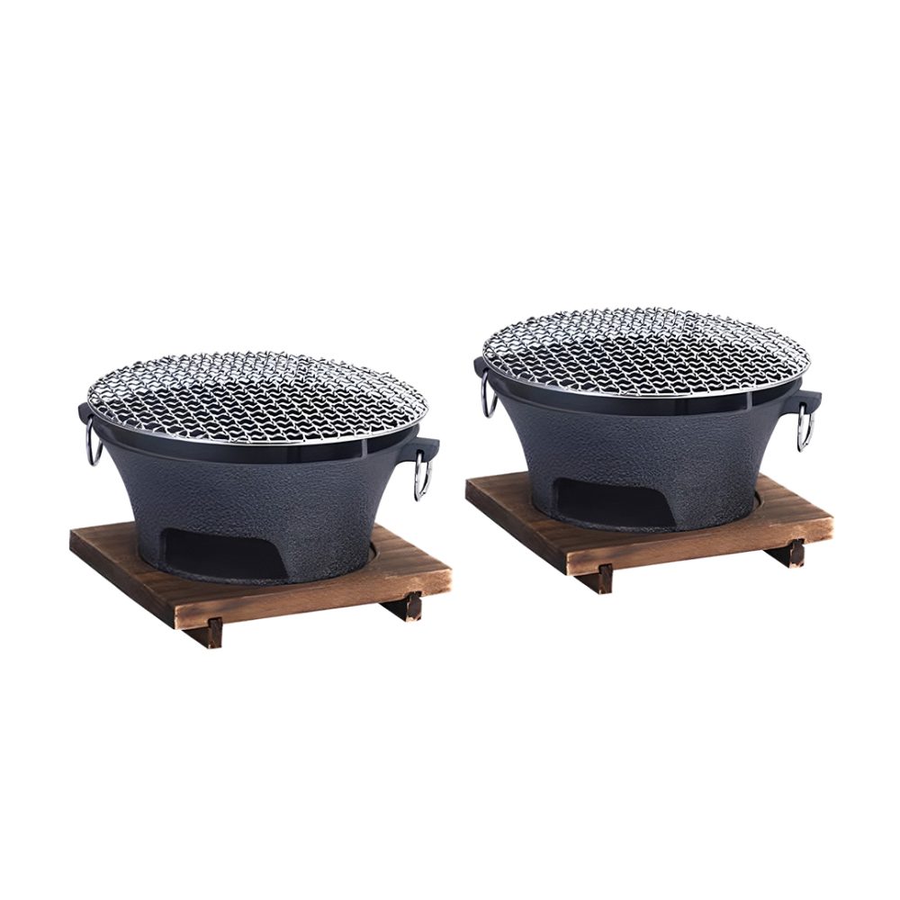 1-SOGA 2X Medium Cast Iron Round Stove Charcoal Table Net Grill Japanese Style BBQ Picnic Camping with Wooden Board