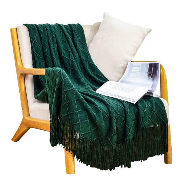 1-SOGA Green Diamond Pattern Knitted Throw Blanket Warm Cozy Woven Cover Couch Bed Sofa Home Decor with Tassels