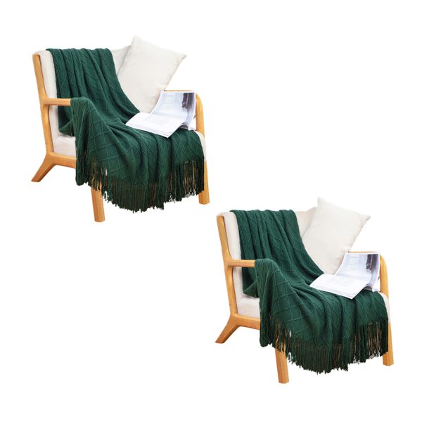 1-SOGA 2X Green Diamond Pattern Knitted Throw Blanket Warm Cozy Woven Cover Couch Bed Sofa Home Decor with Tassels