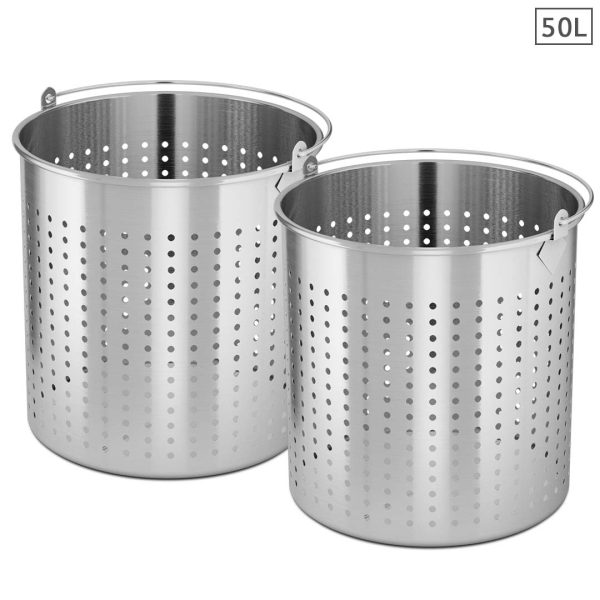 1-SOGA 2X 50L 18/10 Stainless Steel Perforated Stockpot Basket Pasta Strainer with Handle