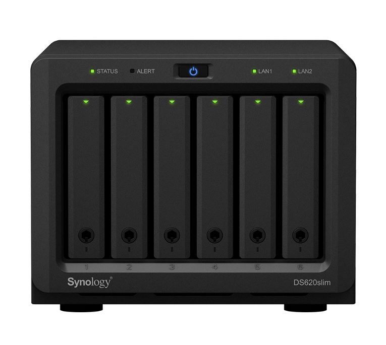 Synology DiskStation DS620 slim 6 Bay NAS Intel Celeron J3355 2-core 2.0 2GB DDR3L non-ECC SODIMM Hot Swappable 2xRJ-45 1GbE LAN 2xUSB 3.0 2 yrs wty Backup