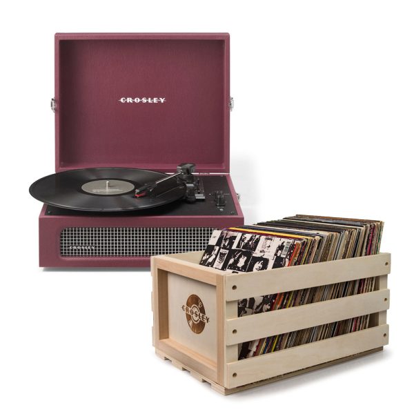 Crosley Voyager Bluetooth Portable Turntable + Bundled Record Storage Crate - Burgundy